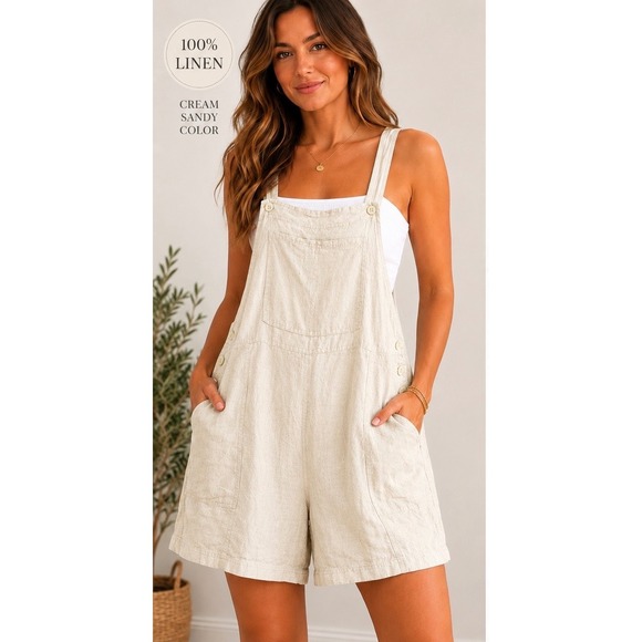 J. Jill Pants - J. Jill Women Medium Cream 100% Linen Overall Shorts Sandy Beige Shortalls Boho